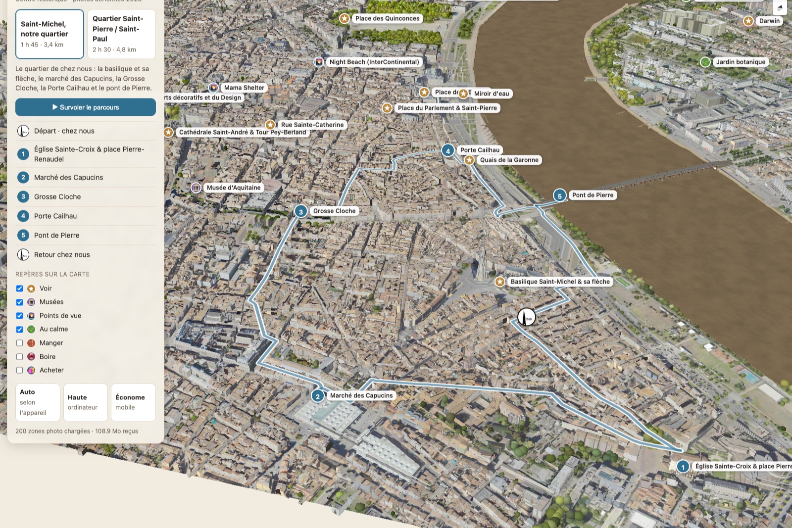 Vista previa del recorrido de Saint-Michel y los muelles en el mapa 3D de Burdeos